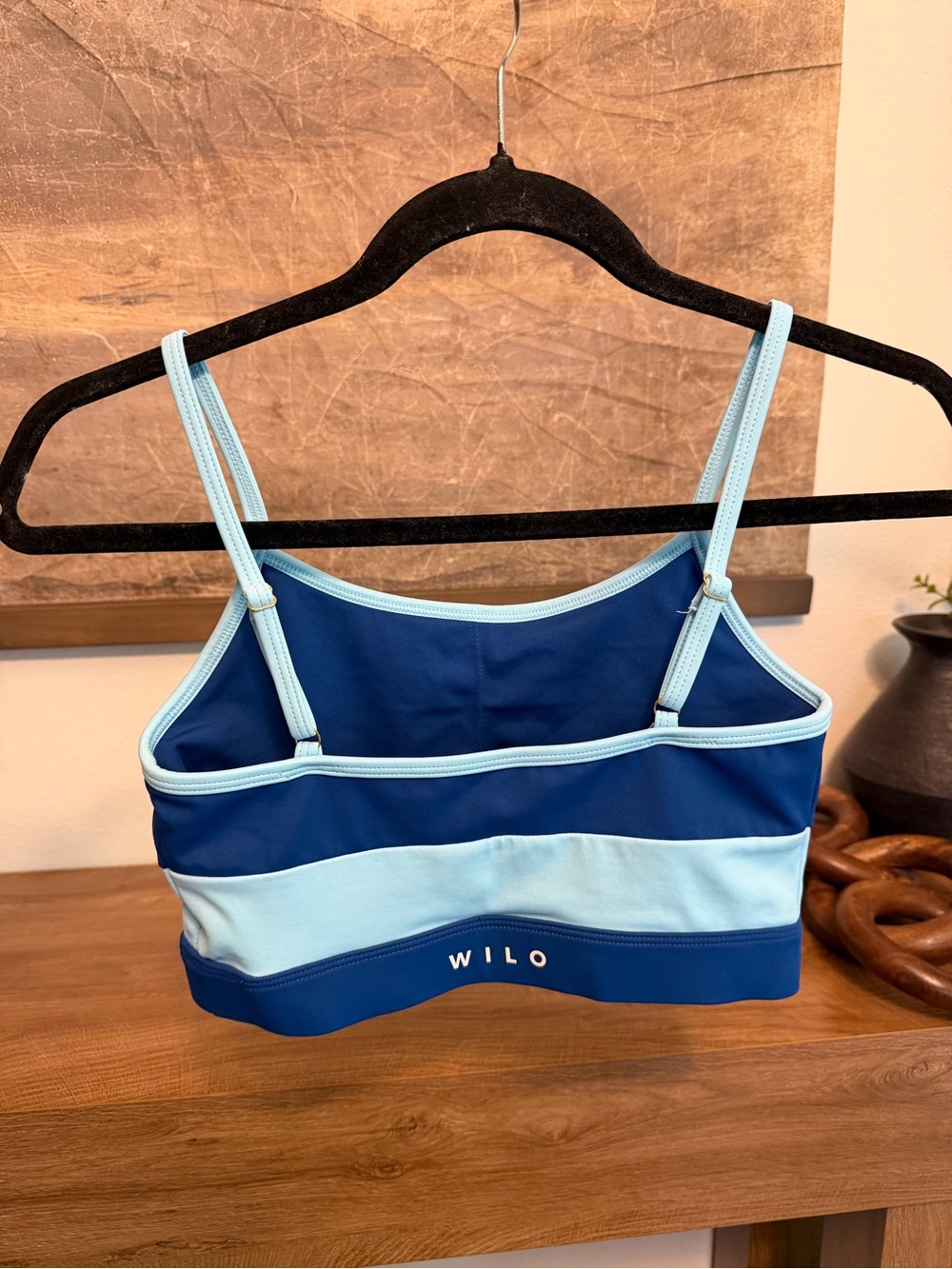 Wilo blue and light blue horizontal striped sports bra in size S